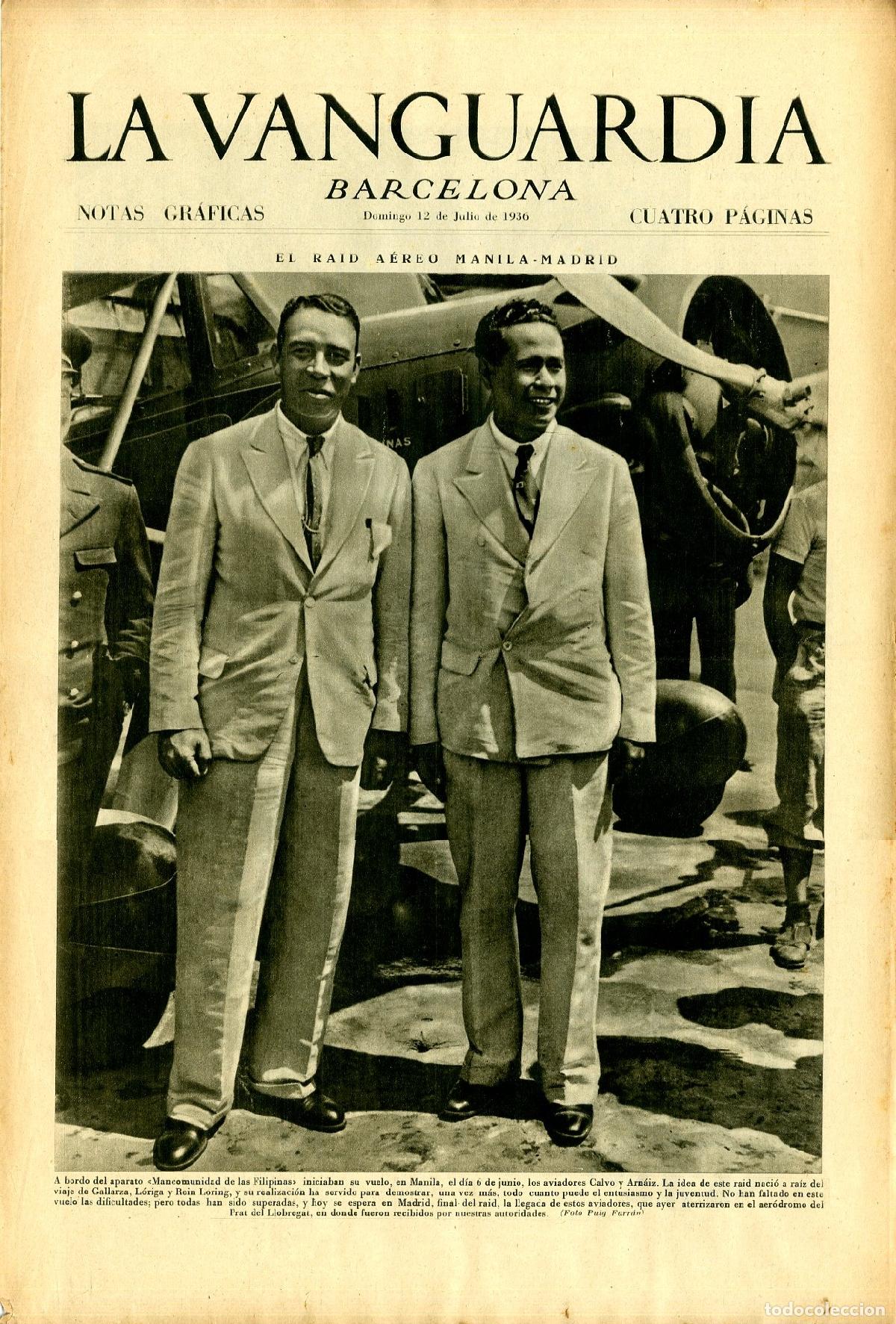 Militaria: La Vanguardia 12 /07/ 1936 / El Raid A&eacute;reo Manila-Madrid / Mancomunidad de las Filipinas