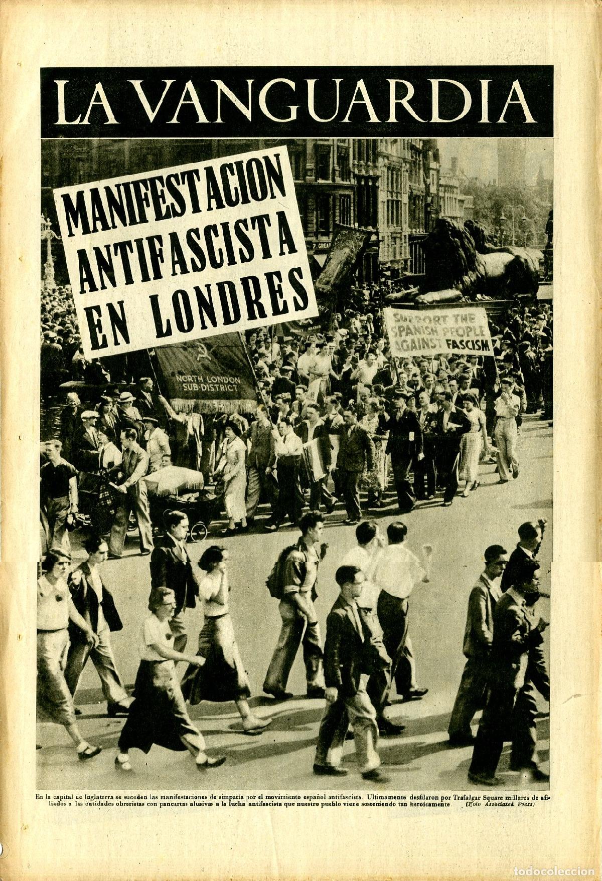 Militaria: La Vanguardia 30 /08/ 1936 / Manifestaci&oacute;n Antifascista en Londres / Los Aguiluchos Marchan al Frent