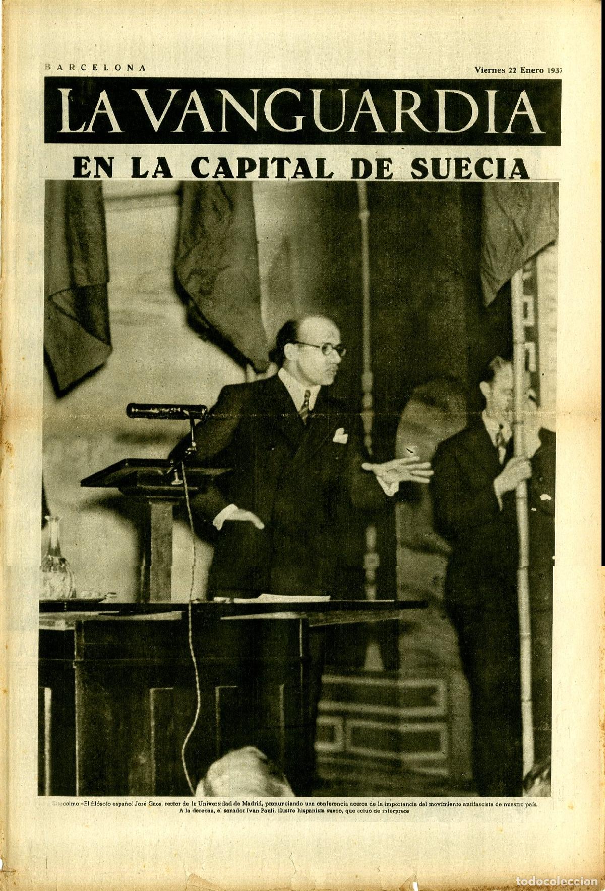 Militaria: La Vanguardia 22 /01/ 1937 / En la Capital de Suecia el Fil&oacute;sofo Jos&eacute; Gaos