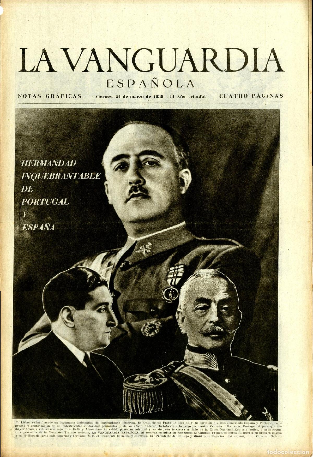 Militaria: La Vanguardia 24 /03/ 1939 - III A&ntilde;o Triunfal / Hermandad Inquebrantable de Portugal y Espa&ntilde;a