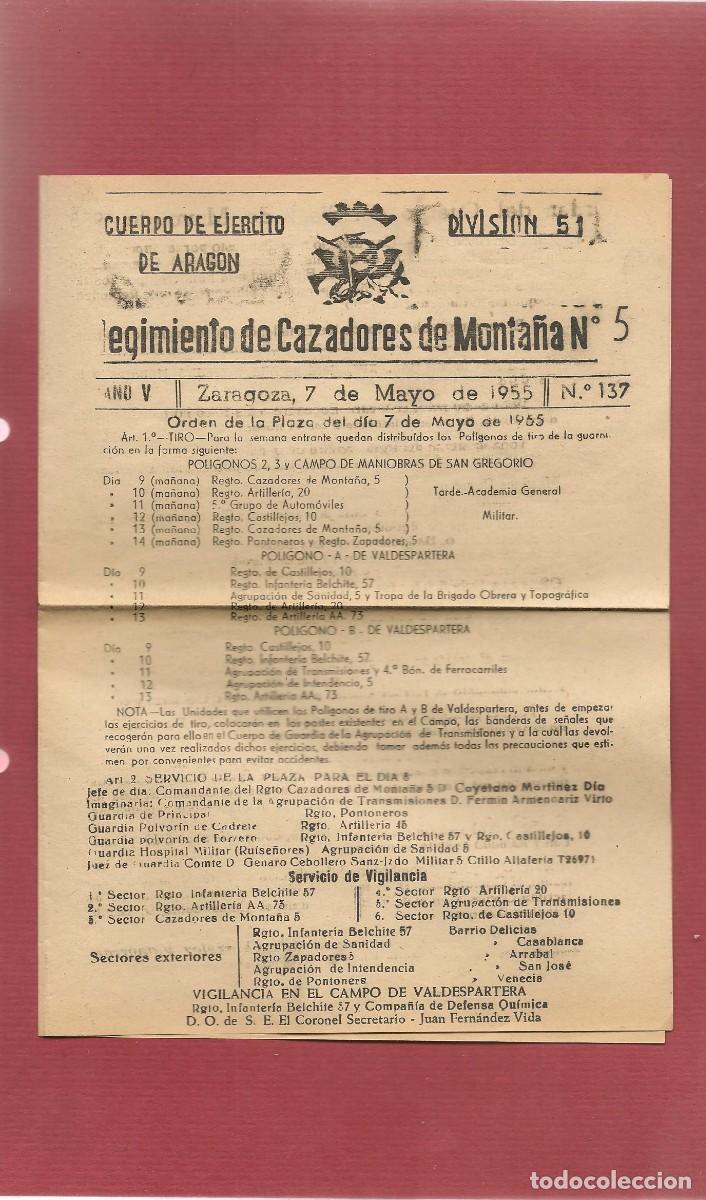 Militaria: BOLETIN REGIMIENTO DE CAZADORES DE MONTA&Ntilde;A, N&ordm; 5, ZARAGOZA, 1955