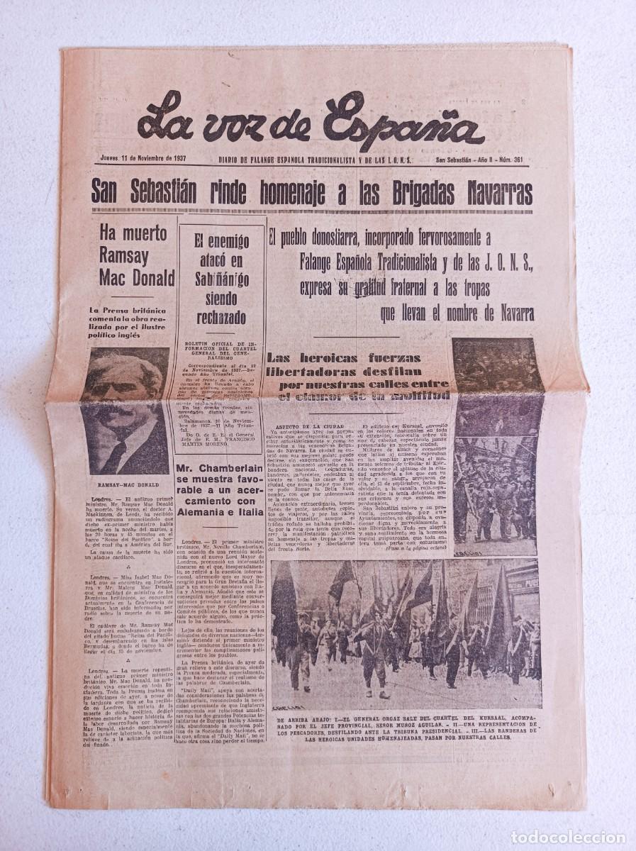 Militaria: PERI&Oacute;DICO PRENSA LA VOZ DE ESPA&Ntilde;A 11 DE NOVIEMBRE DE 1937 SAN SEBASTI&Aacute;N HOMENAJE A BRIGADAS NAVARRAS