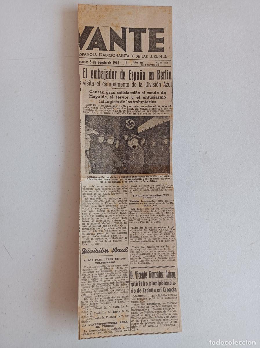 Militaria: RECORTE DE PRENSA DIVISI&Oacute;N AZUL PERI&Oacute;DICO LEVANTE 05-08-1941 EMBAJADOR DE ESPA&Ntilde;A EN BERL&Iacute;N