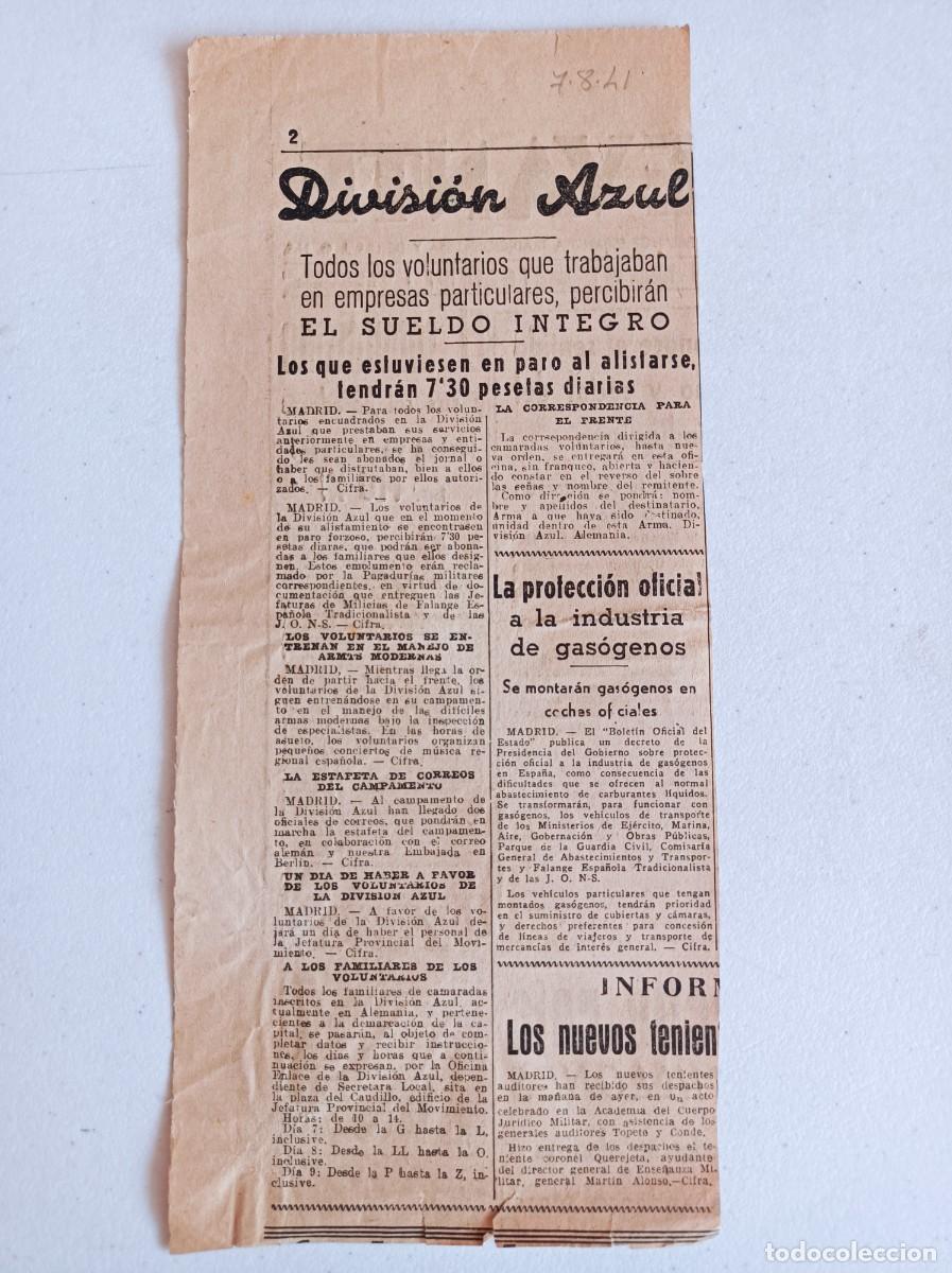 Militaria: RECORTE DE PRENSA DIVISI&Oacute;N AZUL PERI&Oacute;DICO LEVANTE 07-08-1941