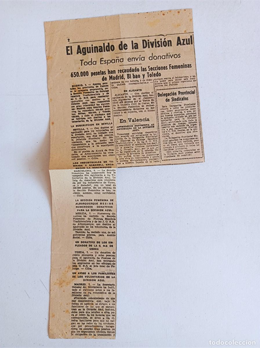 Militaria: RECORTE DE PRENSA DIVISI&Oacute;N AZUL PERI&Oacute;DICO LEVANTE 08-11-1941 AGUINALDO DIVISI&Oacute;N AZUL