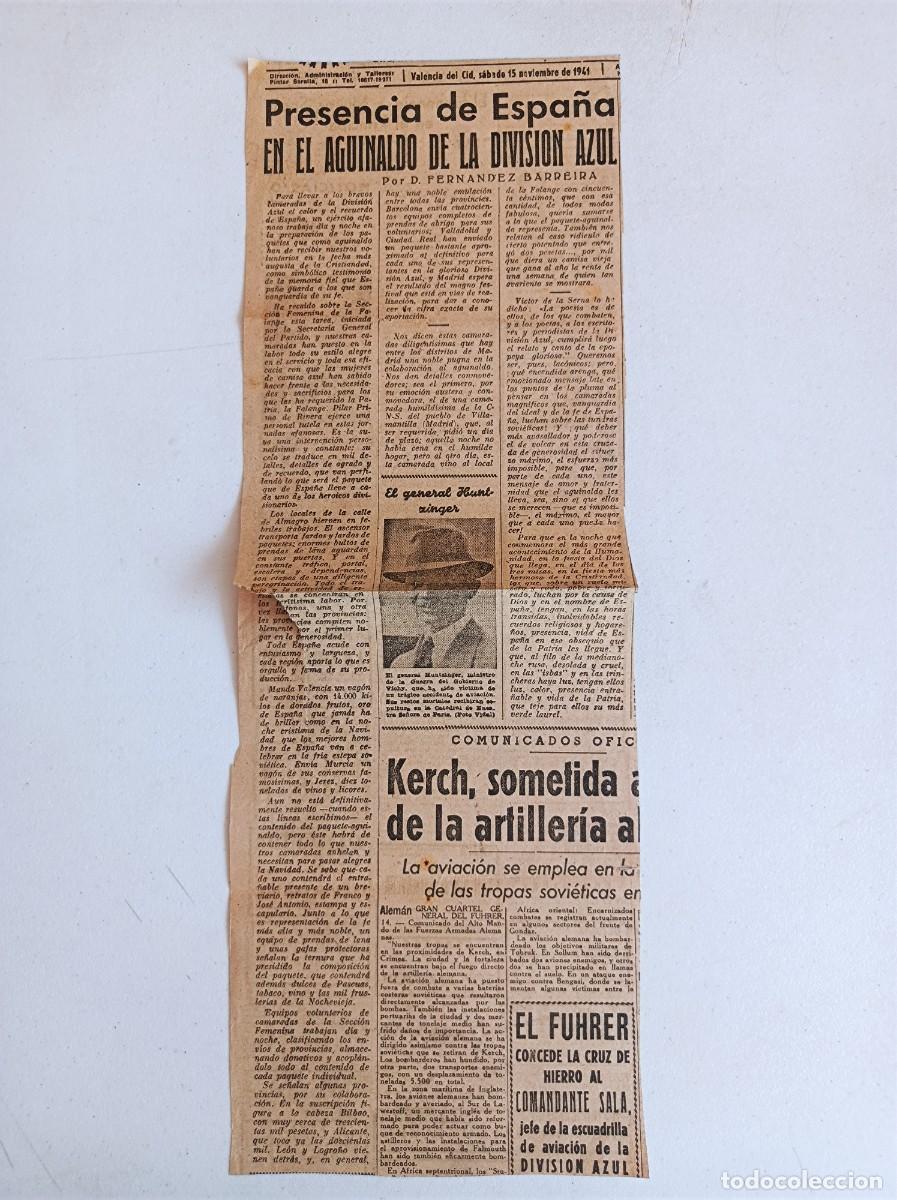Militaria: RECORTE DE PRENSA DIVISI&Oacute;N AZUL PERI&Oacute;DICO LEVANTE 15-11-1941 AGUINALDO DIVISI&Oacute;N AZUL