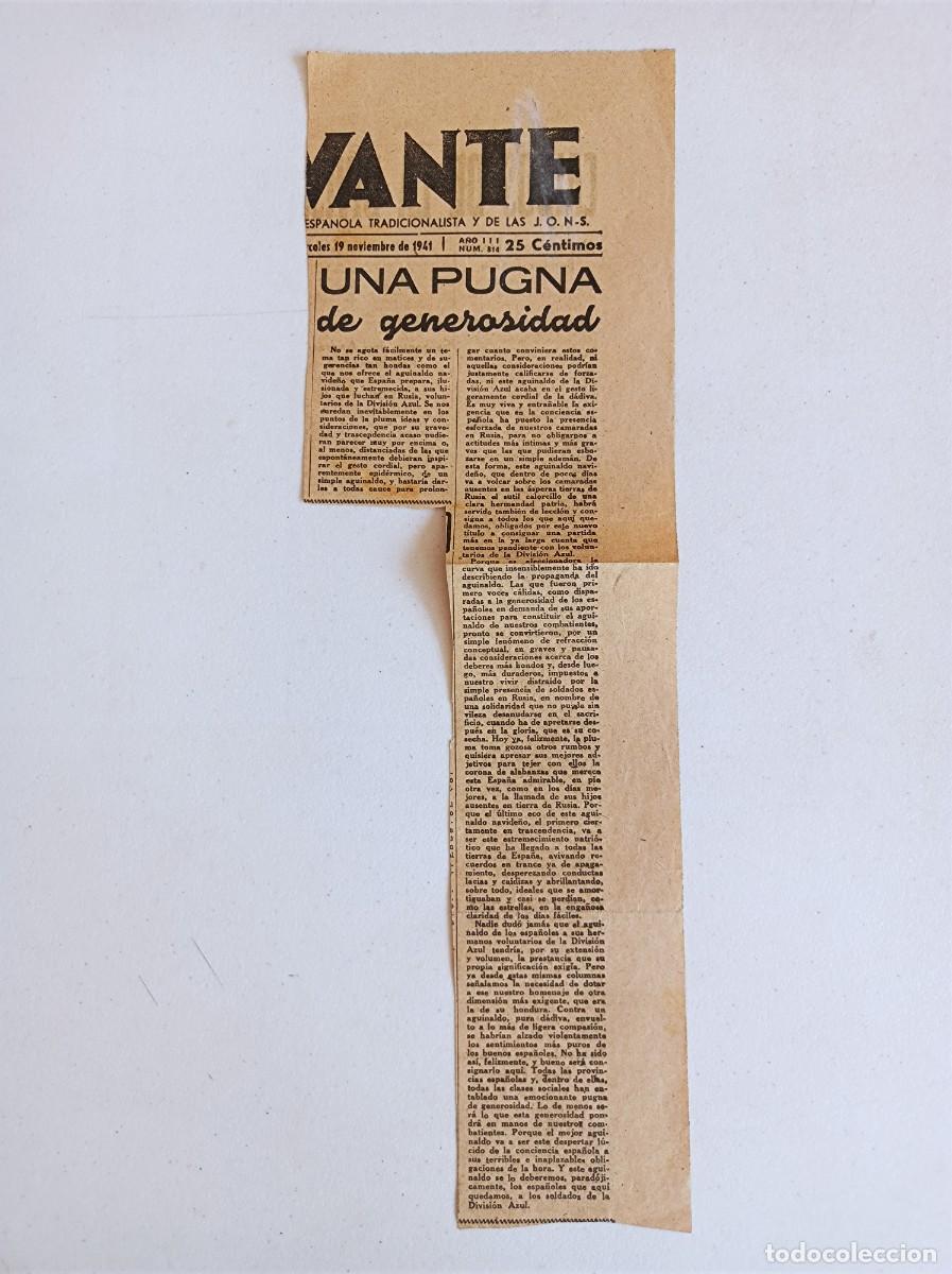 Militaria: RECORTE DE PRENSA DIVISI&Oacute;N AZUL PERI&Oacute;DICO LEVANTE 19-11-1941 ART&Iacute;CULO CUATRO CA&Iacute;DOS Y RESE&Ntilde;A BREVE