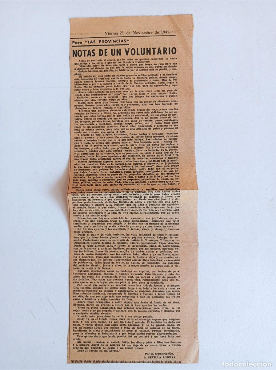 Militaria: RECORTE DE PRENSA DIVISI&Oacute;N AZUL PERI&Oacute;DICO LAS PROVINICIAS 21-11-1941 NOTAS DE UN VOLUNTARIO