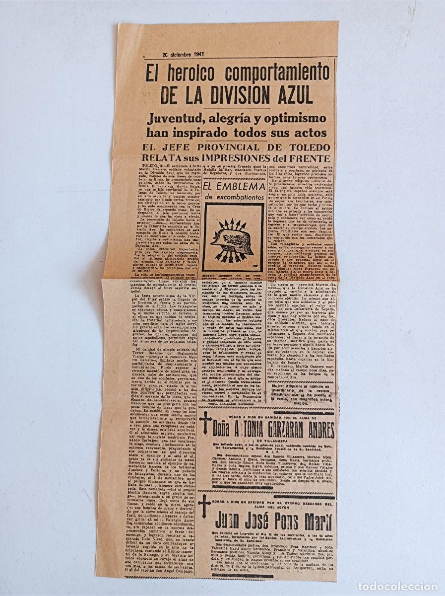 Militaria: RECORTE DE PRENSA DIVISI&Oacute;N AZUL PERI&Oacute;DICO 20-12-1941 HEROICO COMPORTAMIENTO