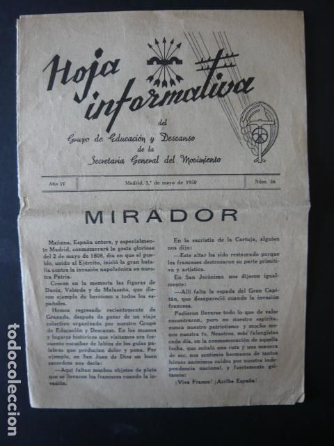Militaria: BOLETIN HOJA INFORMATIVA GRUPO EDUCACION Y DESCANSO SECRETARIA GENERAL MOVIMIENTO 17 MAYO 1950