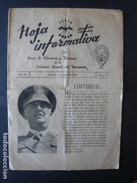 Militaria: BOLETIN HOJA INFORMATIVA GRUPO EDUACION Y DESCANSO SECRETARIA GENERAL MOVIMIENTO 1 ABRIL 1949