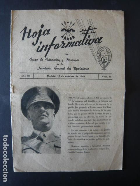 Militaria: BOLETIN HOJA INFORMATIVA GRUPO EDUCACION Y DESCANSO SECRETARIA GENERAL MOVIMIENTO 15 OCTUBRE 1948