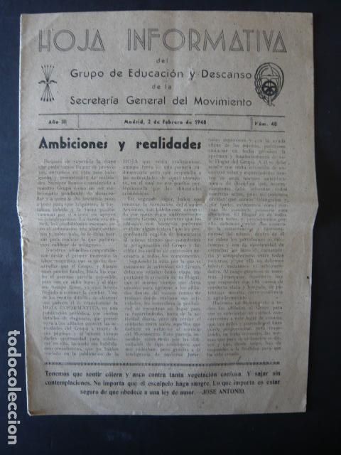 Militaria: BOLETIN HOJA INFORMATIVA GRUPO EDUCACION Y DESCANSO SECRETARIA GENERAL MOVIMIENTO 1948 FALANGE