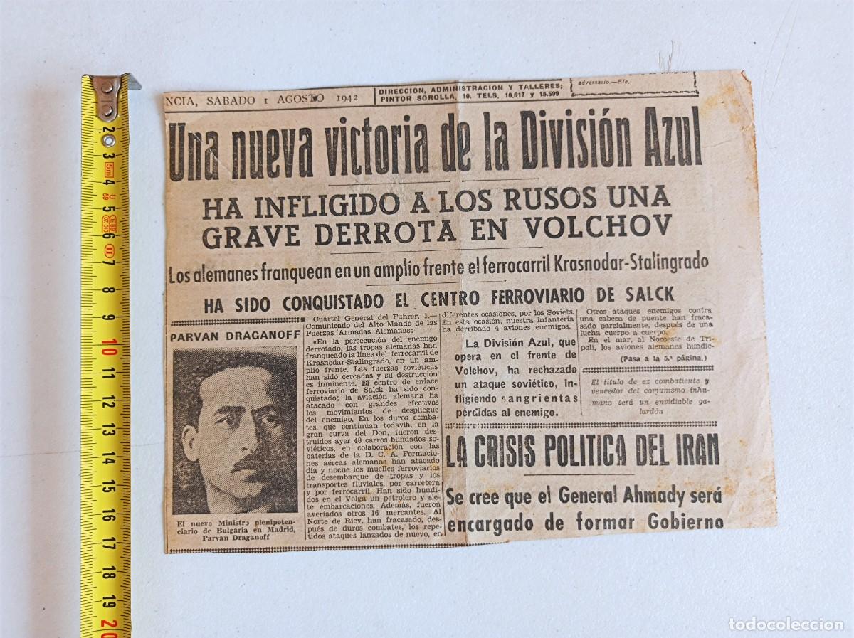 Militaria: RECORTE DE PRENSA DIVISI&Oacute;N AZUL PERI&Oacute;DICO LEVANTE 1-08-1942 DERROTA A LOS RUSOS EN EL VOLCHOV