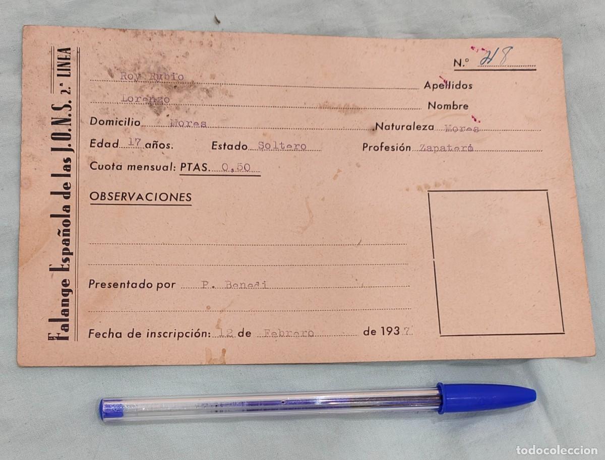 Militaria: Guerra Civil ..ficha politica Afiliado de Falangista de 2 linea....1937....n..48...original Falange