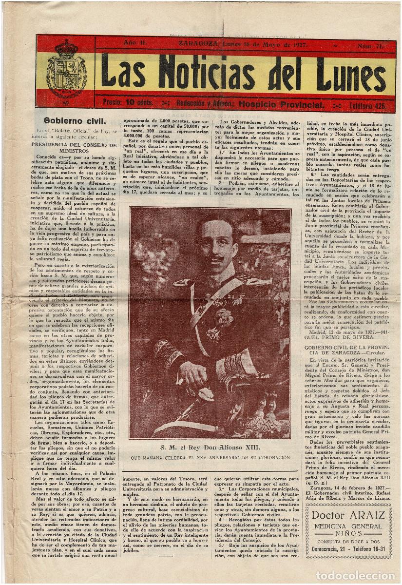 Militaria: PRENSA HIST&Oacute;RICA ARAGONESA: LOTE DE 4 P&Aacute;GINAS SUELTAS DE LAS NOTICIAS DEL LUNES ZARAGOZA, 16 MAYO 19
