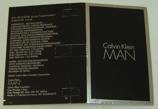 Miniaturas de perfumes antigos: CARTULINA PUBLICIDAD MUESTRA COLONIA MAN - CALVIN KLEIN - 12*8 cms.