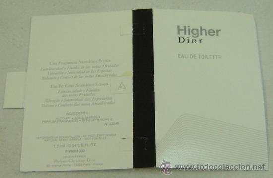 Miniaturas de perfumes antiguos: CARTULINA PUBLICIDAD MUESTRA COLONIA  HIGHER - DIOR 15*11 cms.