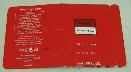 Miniaturas de perfumes antigos: CARTULINA PUBLICIDAD MUESTRA COLONIA HUGO ENERGISE-HUGO BOSS 10*16,5 cms.