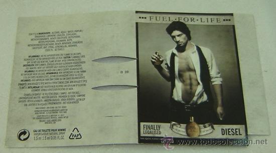 Miniaturas de perfumes antiguos: CARTULINA PUBLICIDAD MUESTRA COLONIA FUEL FOR LIFE DIESEL 9*15 cms.