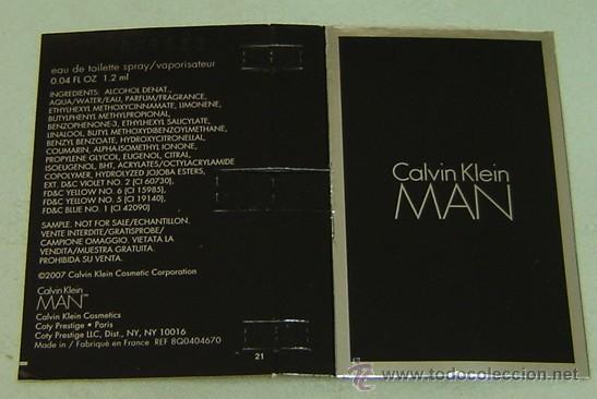 Miniaturas de perfumes antiguos: CARTULINA PUBLICIDAD MUESTRA COLONIA MAN CALVIN KLEIN 12*8,5 cms.