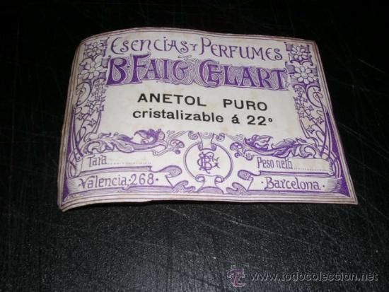 Miniaturas de perfumes antiguos: ETIQUETA DE PERFUME ANTIGUA  B.FAIG GELART ESENCIAS Y PERFUMES BARCELONA ANETOL PURO 10,5X8 CM.