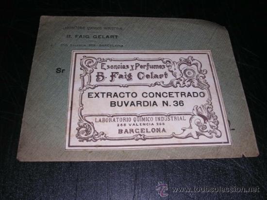 Miniaturas de perfumes antiguos: SOBRE CON ETIQUETA DE PERFUME ANTIGUA B.FAIG GELABERT BARCELONA EXTR.CONCENTRADO BUVARDIA N 36