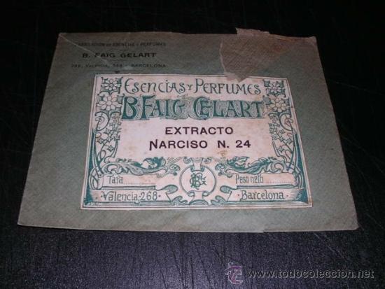 Miniaturas de perfumes antiguos: SOBRE CON ETIQUETA PERFUME ANTIGUO B. FAIG GELART ESENCIAS Y PERFUMES BARCELONA EXTR. NARCISO N.24