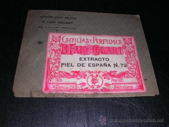 Miniaturas de perfumes antiguos: SOBRE CON ETIQUETA PERFUME ANTIGUA B. FAIG GELART BARCELONA ESENCIAS Y PERFUMES EXT. PIEL ESPA&Ntilde;A N.7