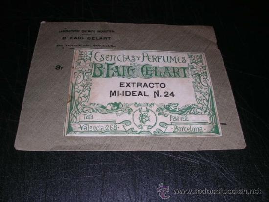 Miniaturas de perfumes antiguos: SOBRE CON ETIQUETA DE PERFUME ANTIGUA B. FAIG GELART ESENCIAS Y PERFUMES BARCELONA EXTR.MI-IDEAL N.