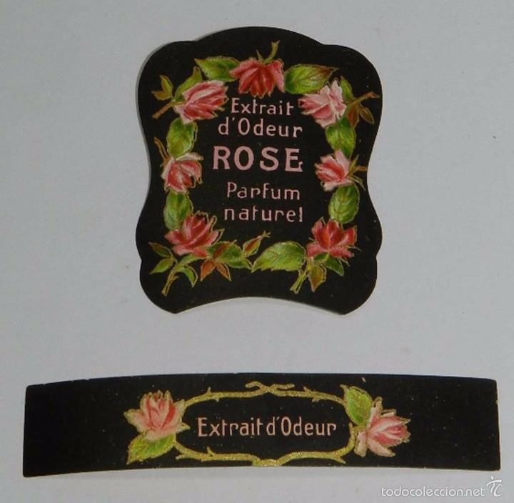 Miniaturas de perfumes antiguos: 2 ETIQUETAS EXTRAIT D&acute;ODEUR, ROSE, PARFUM NATUREL, MIDE 4 X 3,2 CMS. Y LA ALARGADA 6,8 X 1 CMS.
