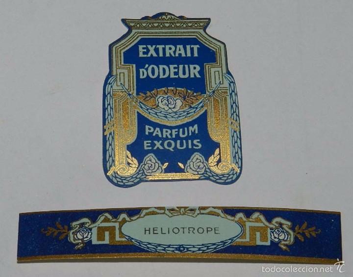 Miniaturas de perfumes antiguos: 2 ETIQUETAS PARFUM EXQUIS - HELIOTROPE - MODERNISTA PRINCIPIOS DE SIGLO A&Ntilde;OS 20, MIDE 4 X 3,2 CMS. Y