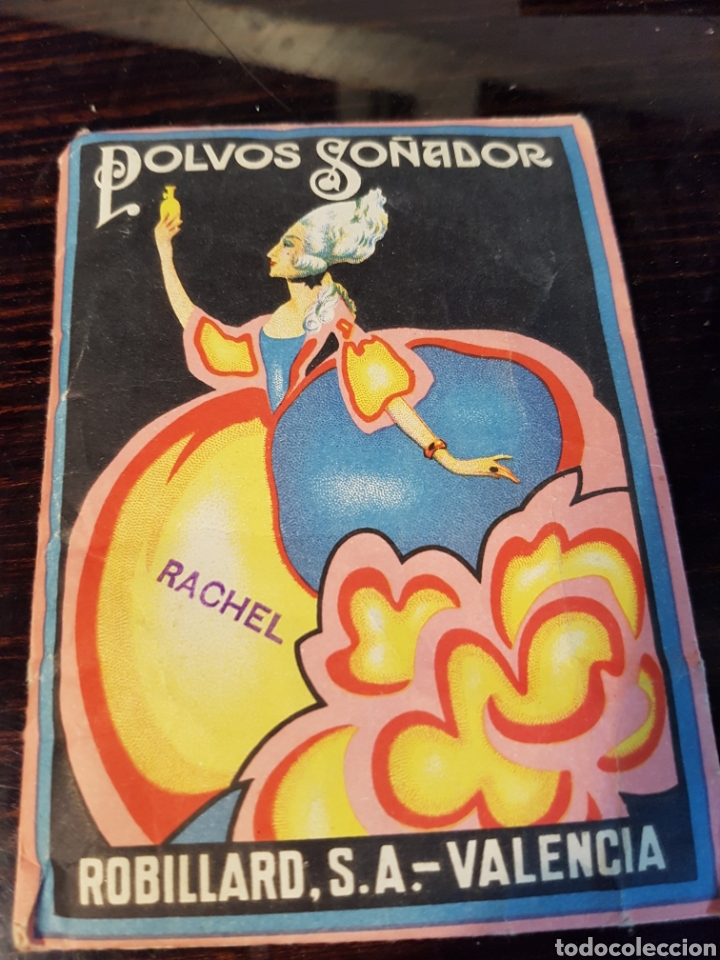 &Eacute;chantillons de parfums anciens: Polvos So&ntilde;ador, Robillard S.A. Valencia, sobre y contenido.