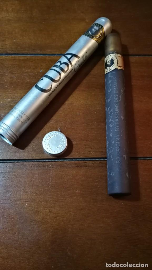 Miniature di profumi antiche: BOTELLA DE PERFUME MARCA CUBA HOMBRE FORMA DE PURO Y ESTUCHE MET&Aacute;LICO