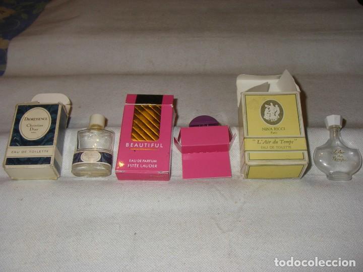 Miniature di profumi antiche: Cajas con sus frascos miniatura vacios de Dioressence, Beautiful y L&acute;air du Temps.