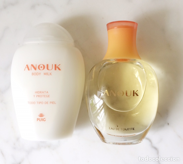 Miniaturas de perfumes antiguos: Colonia y body milk Anouk. A&ntilde;os 90