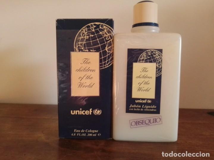 Miniaturas de perfumes antiguos: Myrurgia . UNICEF EAU Cologne 200ml +Jab&oacute;n l&iacute;quido 500ml.