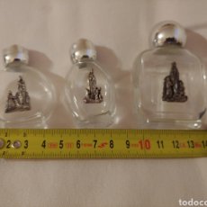 Miniaturas de perfumes antiguos: TRES PEQUEÑOS FRASCOS DE CRISTAL, VIRGEN DE LOURDES