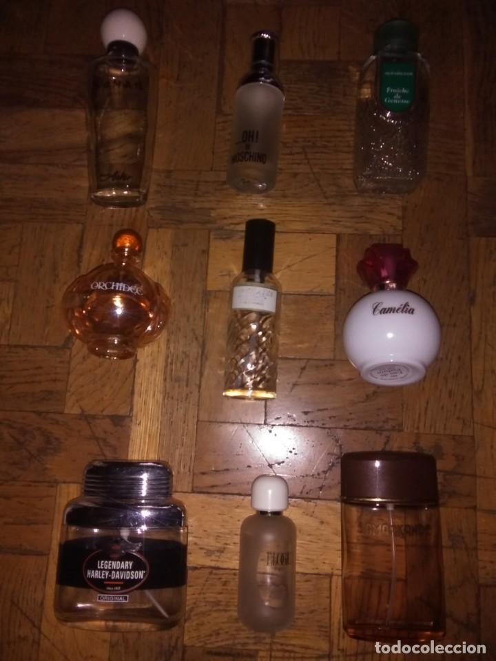 Miniaturas de perfumes antiguos: Lote 9 frascos vac&iacute;os de colonia en sus cajas originales