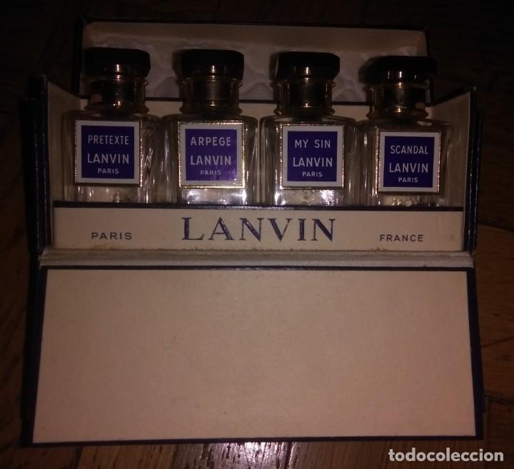 Miniaturas de perfumes antiguos: TRES MINIATURAS DE PERFUME FRANCES , LANVIN EN SU ESTUCHE ORIGINAL DE CARTON, TODO EN MUY BUEN ESTAD