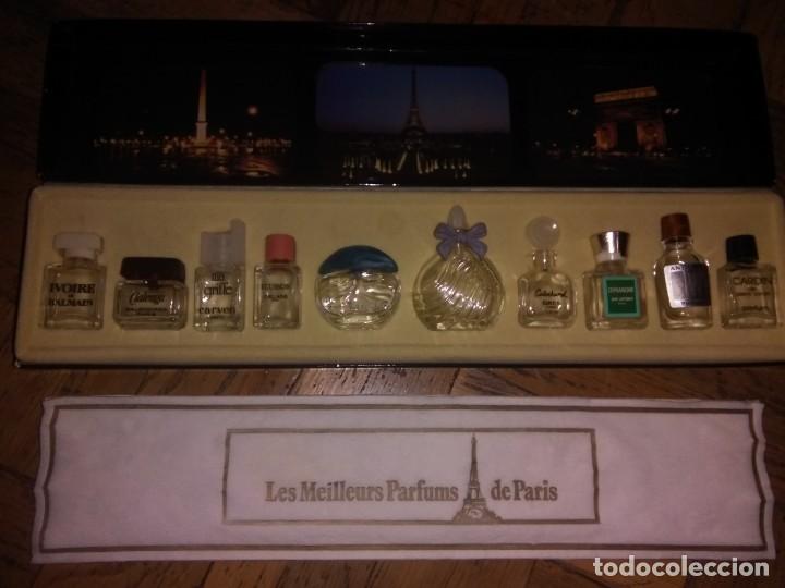 Miniaturas de perfumes antiguos: Estuche &rdquo;Les meilleurs parfums de Paris&rdquo; con 10 frascos en miniatura vac&iacute;os
