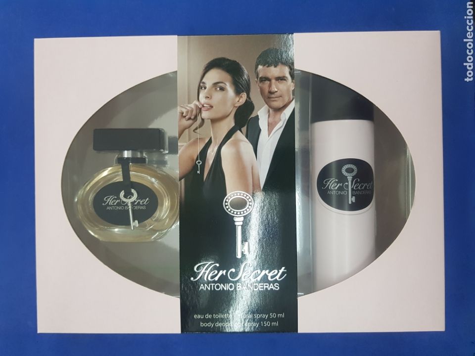 Miniaturas de perfumes antiguos: Her Secret ,Antonio Banderas,estuche colonia 50ml vapo y desodorante
