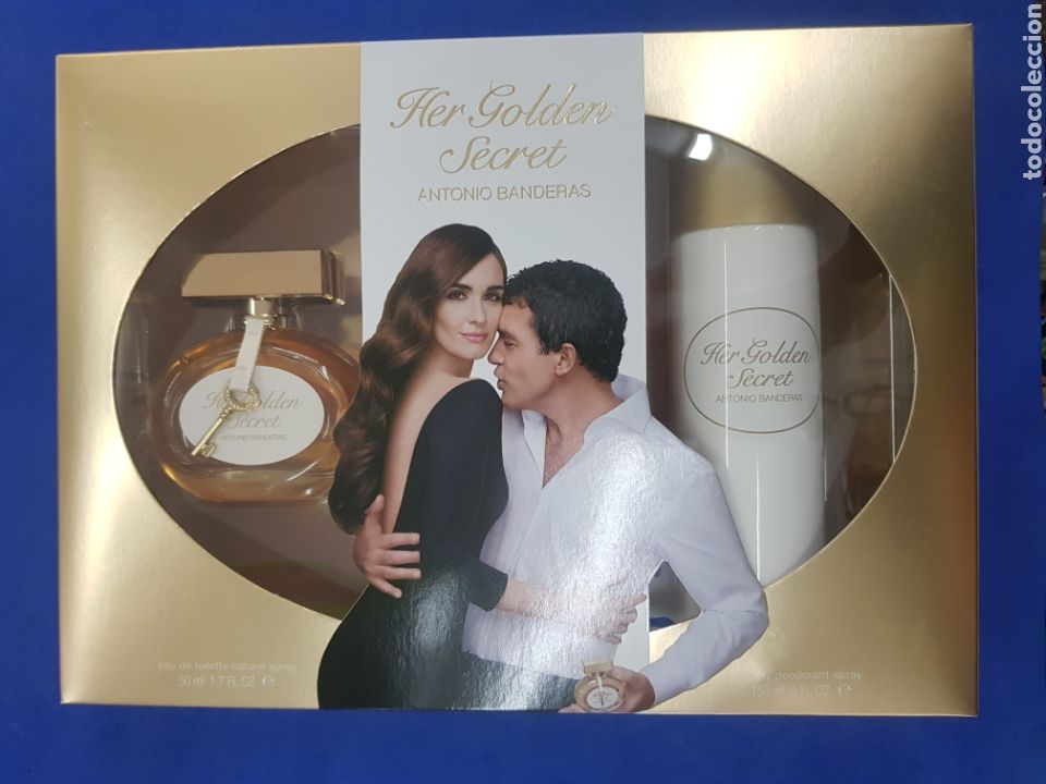Miniaturas de perfumes antiguos: Her Golden ,Antonio Banderas, estuche colonia 50ml vapo y desodorante