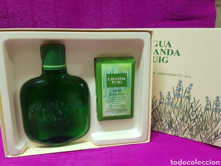 Miniaturas de perfumes antiguos: Lavanda Puig ,estuche colonia 200ml y jabon pastilla
