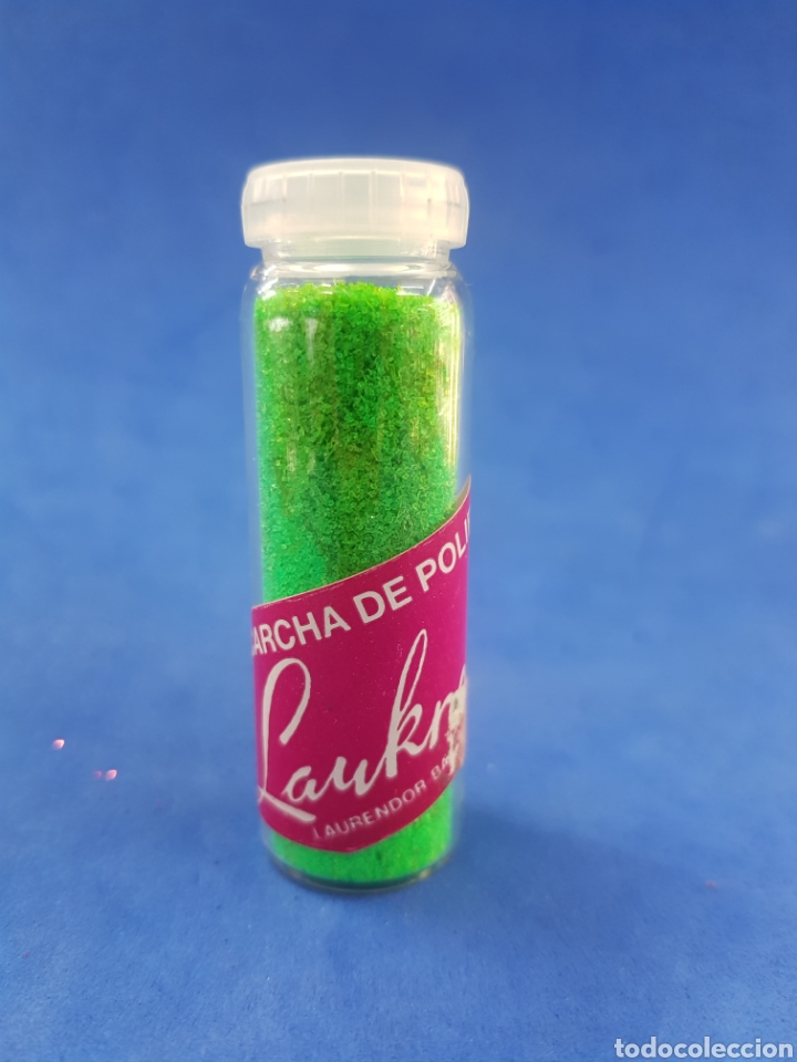 Miniaturen von alten Parf&uuml;men: Laukrom escarcha de poli&eacute;ster verde fosforescente, 8grs ,a&ntilde;os 1980