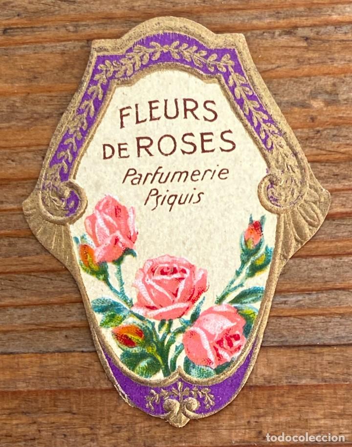 Miniaturen von alten Parf&uuml;men: ETIQUETA DE PERFUME FLEURS DE ROSES, MIDE 4 CMS.