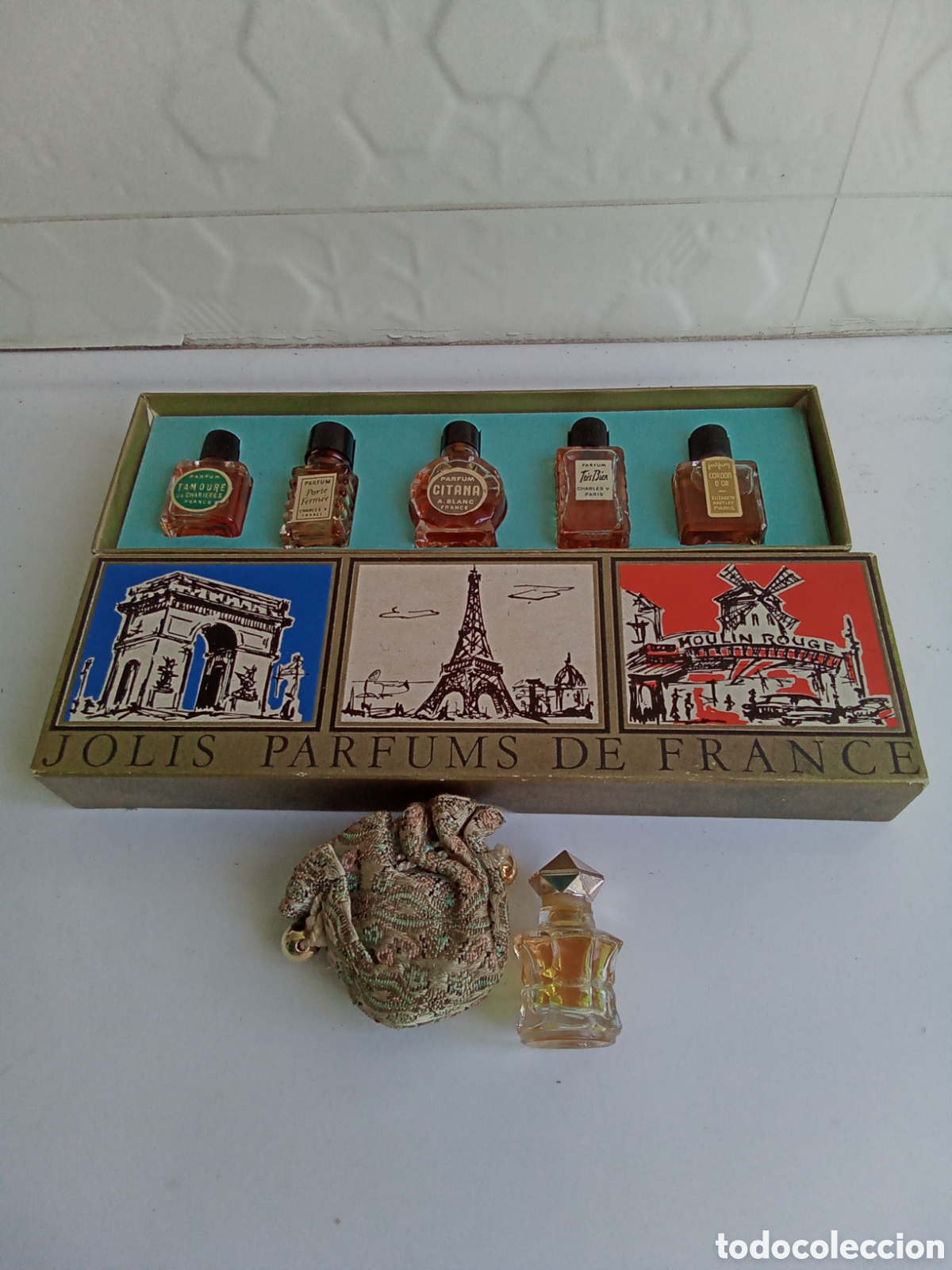 Miniaturen von alten Parf&uuml;men: Caja miniaturas de Perfumes. Jolis parfums france. Uno suelto con su bolsita. A&ntilde;os 70/80