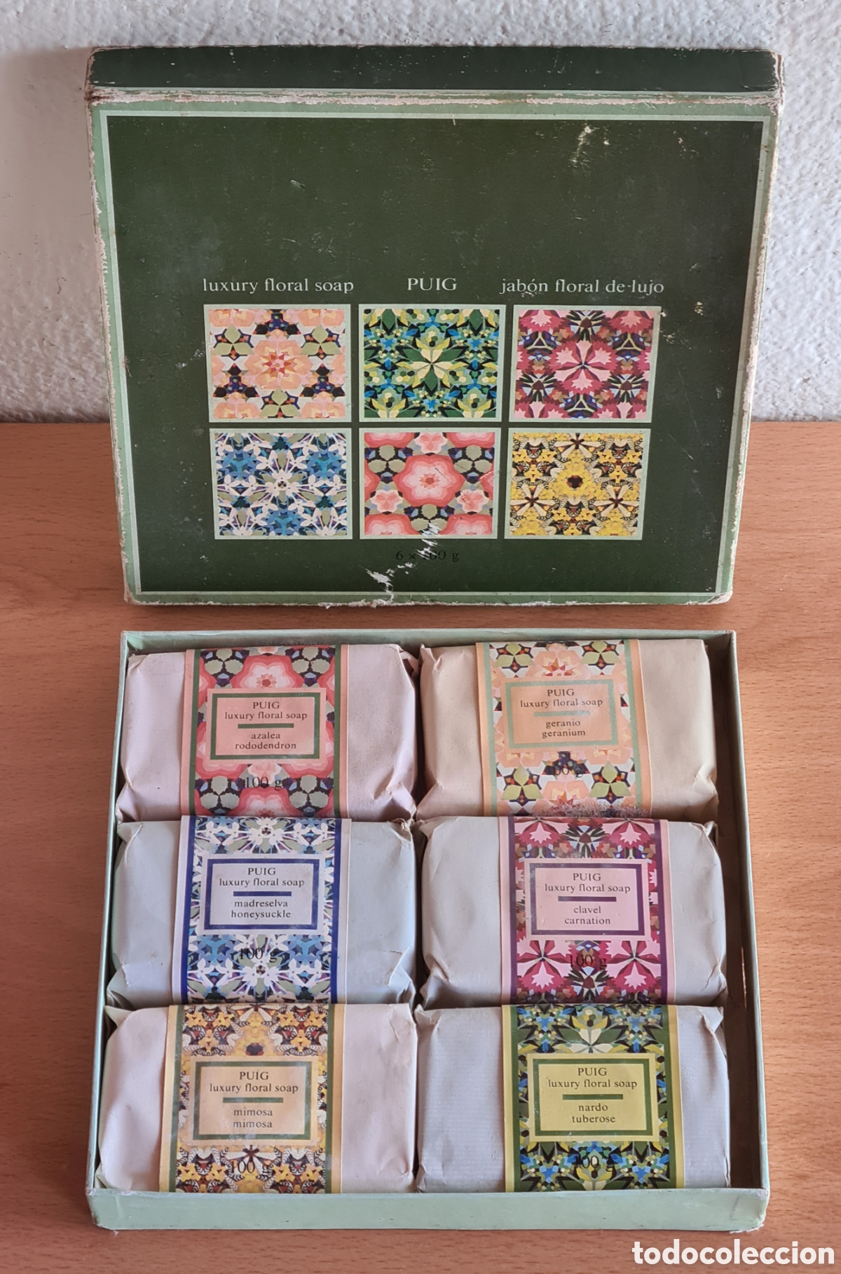 Miniaturas de perfumes antiguos: Caja Puig Jab&oacute;n Floral de Lujo Azalea Geranio Clavel Mimosa Madreselva Nardo - Perfumer&iacute;a Vintage