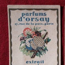 Miniaturas de perfumes antiguos: PARFUMS D'ORSAY, 3 TARGETAS PERFUMADAS. PARIS. AÑOS 40. UNICO.. Lote 384412734