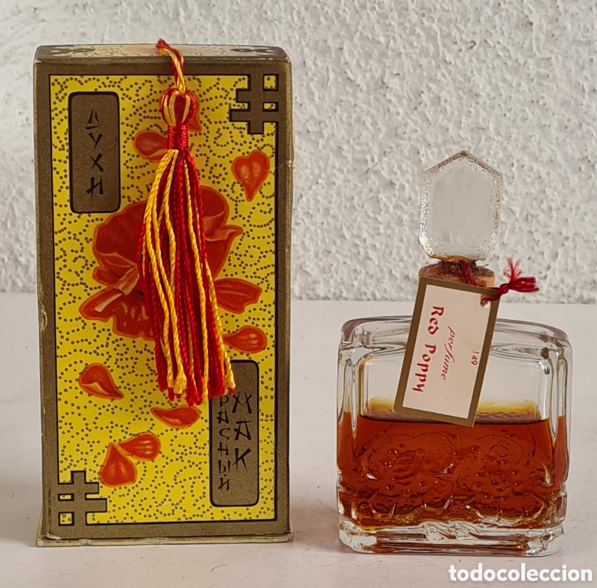 Miniaturas de perfumes antigos: Caja-Estuche Frasco Cristal Perfume Amapola Roja Rusia Sovi&eacute;tica URSS Perfumer&iacute;a Vintage Mosc&uacute; USSR